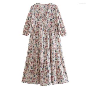 Robes décontractées Maxdutti Fashion Dress Indie Folk Bohème Style Vintage Floral Print V-cou Loose Maxi WomenCasual