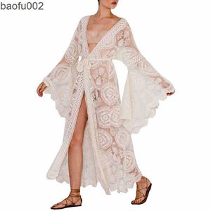 Casual jurken maxi boho kimono kaftan cover-ups jurk gewaad vrouwen pure kanten haak wrap strandjurk wit lang open voorkant vooraan voor lady w0315