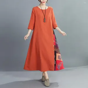 Robes décontractées Maxi robe A-ligne élégant rétro imprimé pour les femmes bouton coloré décor été avec trois