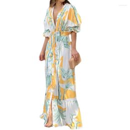 Casual jurken Maxi-jurk voor vrouwen Puff Sleeve V Hals Print lange rok met knop Mode vrouwelijke vloerlengte avond