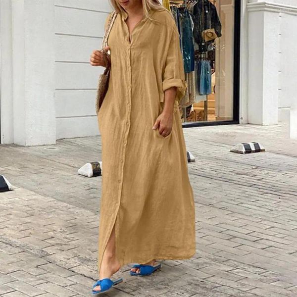 Robes décontractées robe maxi couleur solide élégante taille plus taille avec des poches de cou en V pour les femmes à la cheville respirante douce bouclée