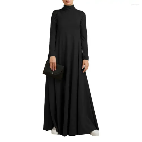 Robes décontractées robe maxi femmes 2024 protection contre le cou à col haut à manches longues en toute ligne de couleur solide élastique parié élastique