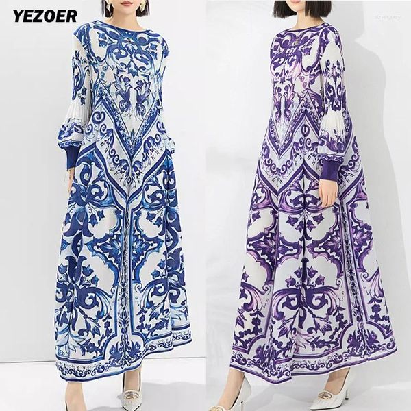 Robes décontractées maxi robe femme lanterne manche en porcelaine bleu et blanc imprime bohème designer de mode de vacances été 2024 mi