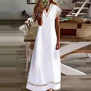 Robes décontractées Maxi Sundresses pour femmes dames col en V creux couleur unie coton lin couture robe en dentelle grande taille