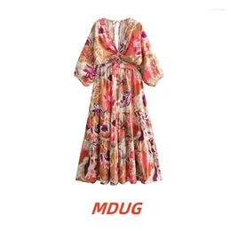 Casual jurken mdug 2024 lente/zomer dames Franse mode print v-hals losse jurk met lange mouwen