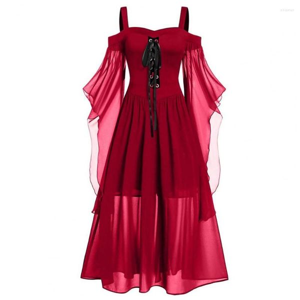 Robes Décontractées Robe Médiévale Net Fil Manches Front Cross Bandage Mesh Sheer Chiffon Dressing Up Taille Serré Gothique Punk Halloween Sorcière