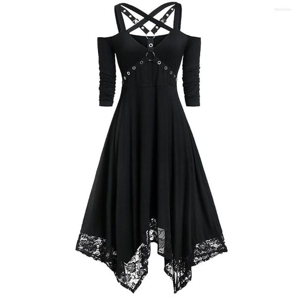 Robes décontractées médiévale gothique robe noire femmes épaule ouverte demi manches dentelle Cosplay Costume fête Club élégant Vestidos