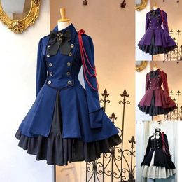 Robes décontractées Médiévale Rétro Gothique Noir Lacet Chaîne Bow Lolita Manteau Manches Longues Robe Classique Halloween Cosplay Costume