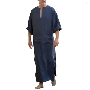 Robes décontractées hommes chemise col en V vêtements de tous les jours respirant solide lin ethnique robe tissu pour pull poches vintage lâche