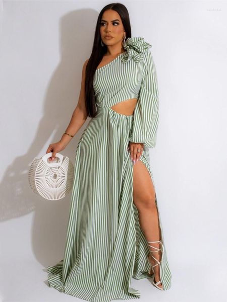 Robes décontractées Merloly Femmes Mode Stiped Découpe Taille Un Floral Applique Épaule Haut Côté Split Maxi Long Cocktail Party 2023