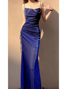 Robes décontractées sirène bleu fête Shinny Crewl Neck Spaghetti Strap Elegant Maxi Night Robe For Women Vestidos Para Grados