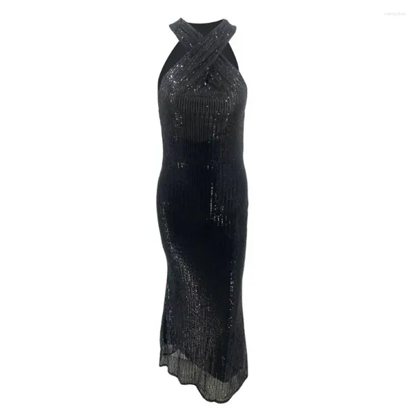 Vestidos informales Corte de sirena Vestido formal Elegante Lentejuelas Halter Cuello Vestido de noche para mujeres Sin espalda Slim Fit Funda Tobillo Longitud Fiesta