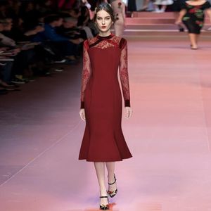 Casual jurken zeemeermin feestjurk hoogwaardige designer runway vrouwen 2023 Velvet kanten kanten pakket met lange mouwen pakken billen