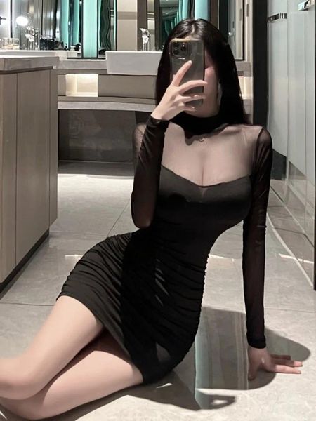Robes décontractées Mesh Noir Sexy Transparent Perspective Splice Slim Hip Mini Robe Pour Femmes Mode Tops 2023 Coréen 8CHA