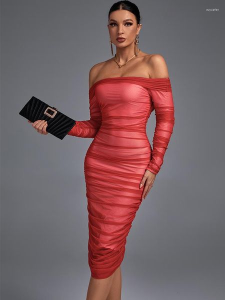 Robes décontractées maille épaules dénudées robe moulante 2023 femmes rouge soirée élégante Sexy à manches longues Midi été Club tenues