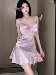 Robes décontractées maille violet mini robe dentelle sexy pour les femmes haute glace d'été évider avec élégant doux coréen S054