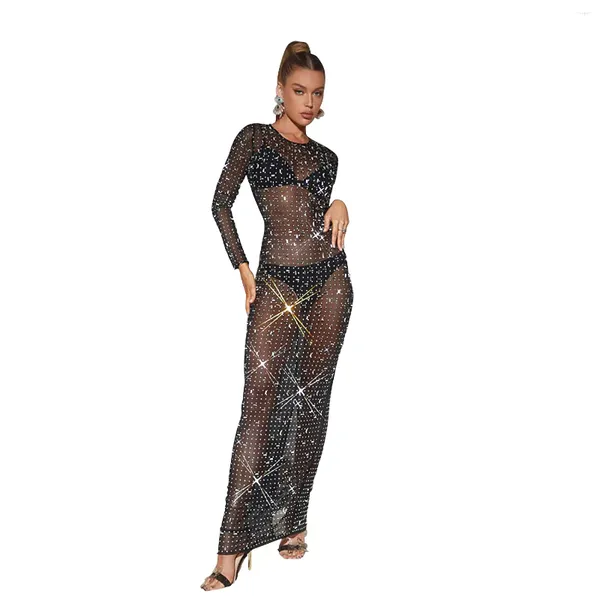 Robes décontractées maille voir à travers maxi robe femmes éblouissantes diamant artificiel incrustation femme sexy minuit club robe de soirée vêtements