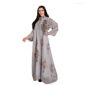 Vestidos casuales Lentejuelas de malla Vestido Abaya bordado para mujeres Musulmanes Dubai Fiesta de noche Túnica Marroquí Kaftan Turquía Árabe Jalabiya Gris