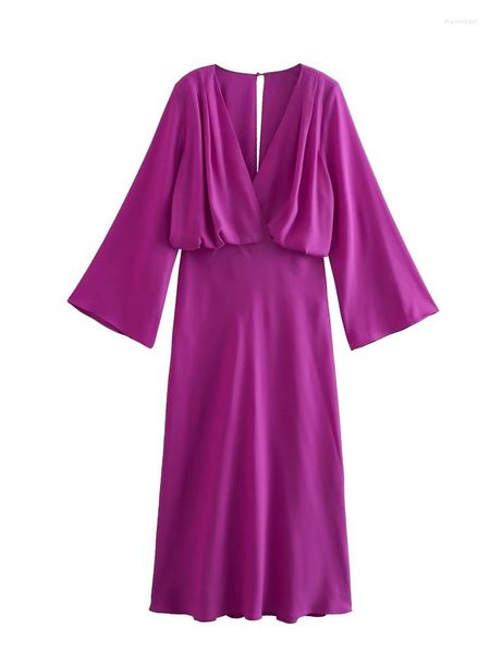 Robes décontractées MESLTRAF femmes 2023 mode croisé plissé robe mi-longue Vintage col en V à manches longues femme Vestidos