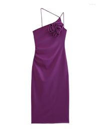 Vestidos casuales MESTTRAF Moda mujer Y2K Apliques florales Vestido midi asimétrico Sexy Sin espalda Atado Correas delgadas Vestidos femeninos