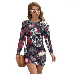 Vestidos casuales vestidos de calavera mexicana manga larga fijación fijada de fama de chicas patrones spandex femenino de una pieza