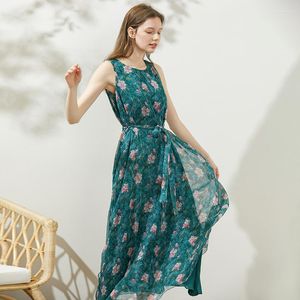 Casual jurken Miccbeirn 2023 Zomer 100 Silk Crinkle Lange jurk voor vrouwen Print Floral Pullover Mouwess Beach ZHL83906
