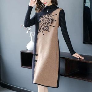 Casual jurken Mid -leeftijd borduurwerk half high collar patchwork 2024 herfst losse vintag mode jurk dames knie lengte pullover