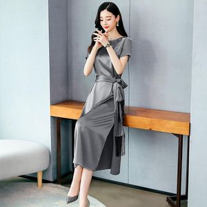 Casual jurken midden lange Koreaanse mode -acetaat satijnen jurk