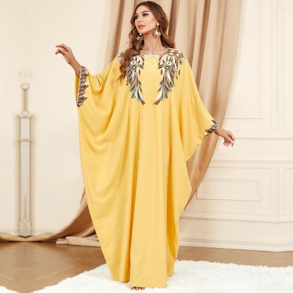 Vestidos casuales Oriente Medio Árabe Amarillo Batwing Manga Ropa suelta Moda Plus Tamaño Vestido Dubai Turista Robe