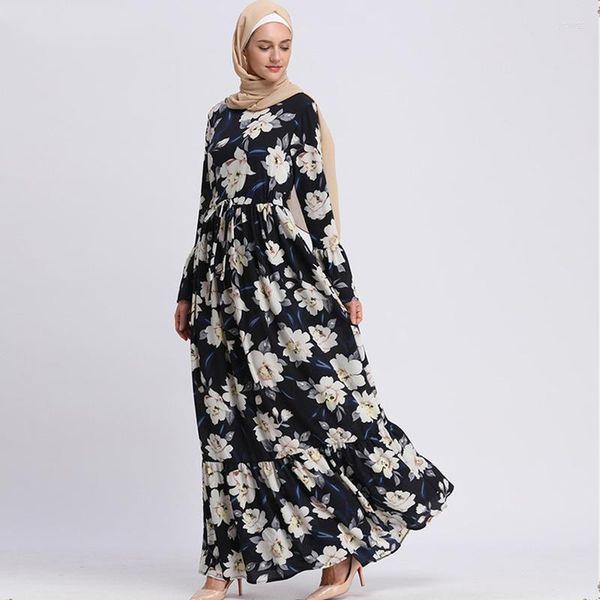 Vestidos casuales Oriente Medio Dubai Musulmán Dulce Hijab Vestido Mujeres Estampado floral con cordones Big Swing Abaya Musulman Ropa islámica Kimono