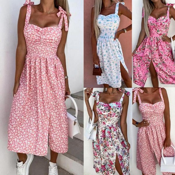 Robes décontractées robe mi-longue pour les femmes été débardeur à bretelles Boho Floral plage fête ample a-ligne balançoire à lacets soleil femme