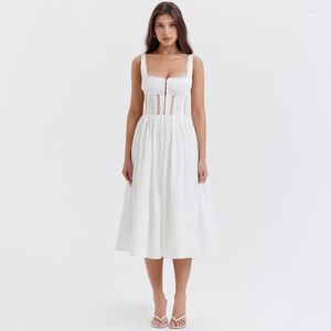 Vestidos casuales Mingmingxi verano cuello cuadrado blanco vestido midi elegante sin mangas una línea fiesta de vacaciones mujeres encaje 2023