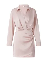 Robes décontractées mini abito da donna manica lunga scollo a v pieghettato solino autunno vestito par quotidiano rosa l