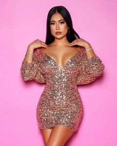 Casual jurken Mini Dress Bandage 2024 Lady in bubble sexy mouw pailletten v-neck glanzende korte prinses feestjaren kerst