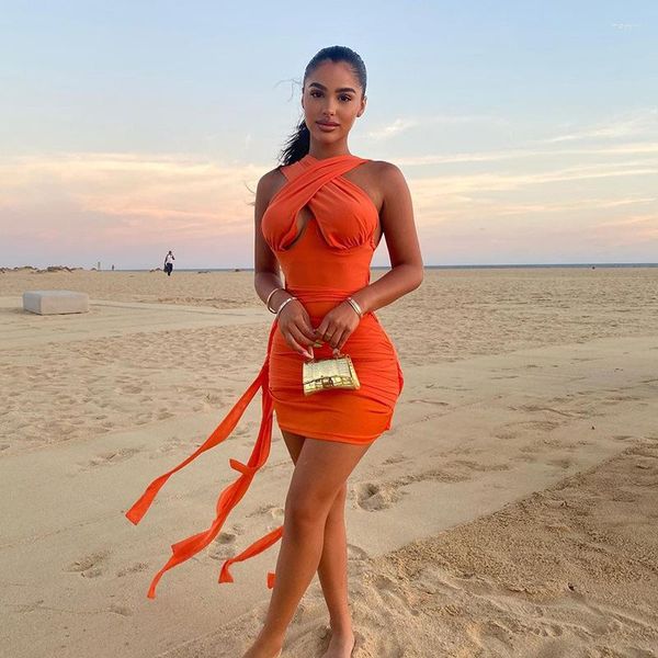 Robes décontractées Mini robe Orange Wrap Élégant Bandage Femme Ruché Anniversaire Pour Femmes Plage Sexy Découpé Moulante Robe