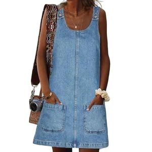 Casual jurken Mini Dress Pullover Faux Denim Shirt Chic Street Wear Girl Solid Jeans Suspende Old Pocket Sexy Harajuku Women Boho Loose Cas