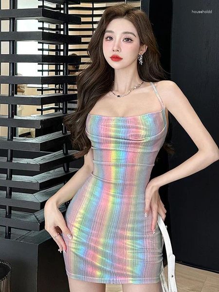 Vestidos informales Mini Vestido Tank Slash Tank Lingerie Sexy Elegant Spicy Girl Gradiente Rainbow Rainbow Slim Correa sin espalda S176