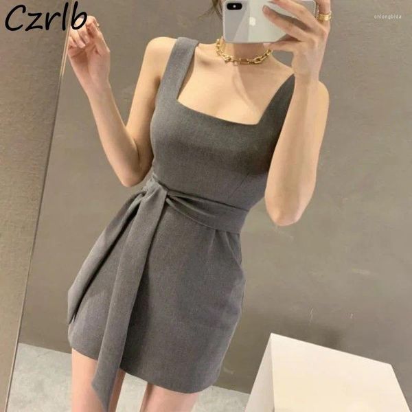 Vestidos casuales Mini Sun Women Women Solid simple Slim Sweet Sweet Manecels Estilo coreano Moda Collar Square Summer Ladies Wear