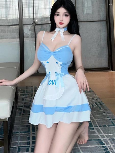 Vestidos casuales mini dulce vestido azul chica linda niña sexy criada uniforme tentación de la moda elegante mujeres coreanas 2024 tops qtu6