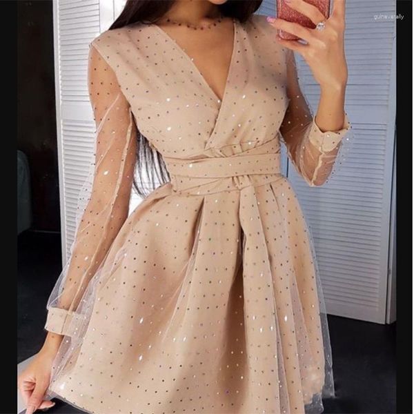 Robes décontractées Mini robe pour femmes pour l'année 2023 fête de noël imprimé à pois col en v à manches longues Double couche gaze couture élégant