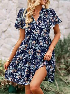 Casual jurken Miolasay dames zomer chiffon jurk met korte mouwen V-hals Boheemse bloemen ruches flowy A-lijn zonnejurk streetwear