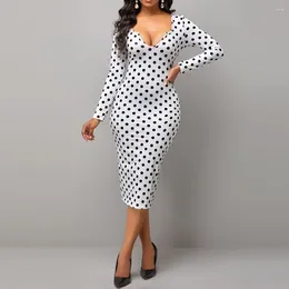 Robes décontractées MISSJOY Femmes Polka Dot Africain Sexy Deep V Low Cut Robe moulante Blanc Noir Imprimer Rétro Bureau Slim Robe de Res