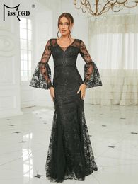 Casual jurken Missord 2023 Zwart kant formele avond vrouwen elegant v nek flare mouw bodycon mesh bruiloft feest prom jurk lange jurk