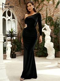 Casual jurken Missord Black Velvet Party Dress Elegant Women One Schouder Lange Mouw Stregestone Cutout Bodycon Prom avondjurk