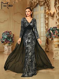 Robes décontractées Missord Élégant robe de soirée noire avec train Femmes à manches longues V Cou Necin Bodycon Mariage Prom Robe formelle