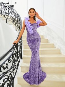 Robes décontractées Missord Elegant Purple Sequin Sirène robe de soirée Femmes Ruffles une épaule sans manches