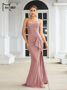 Casual jurken Missord Glitter Pink Lange feestjurk vrouwen elegante spaghetti -band ruches dij split avond prom backless jurk