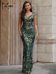 Robes décontractées Missord luxe vert soirée femmes élégantes paillettes paillettes col en V glands moulante fête robe de bal sans manches longue robe