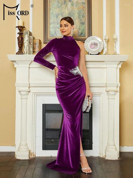 Robes décontractées Missord Purple Velvet Robe de soirée de mariage 2023 Femmes élégantes col roulé une épaule à manches longues côté fendu soirée de bal