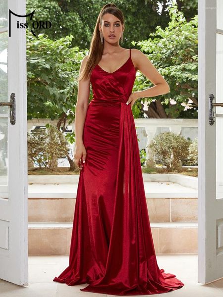 Vestidos informales Missord rojo satinado vestido de noche largo mujeres elegante correa de espagueti con cuello en v drapeado bodycon fiesta de boda vestido formal